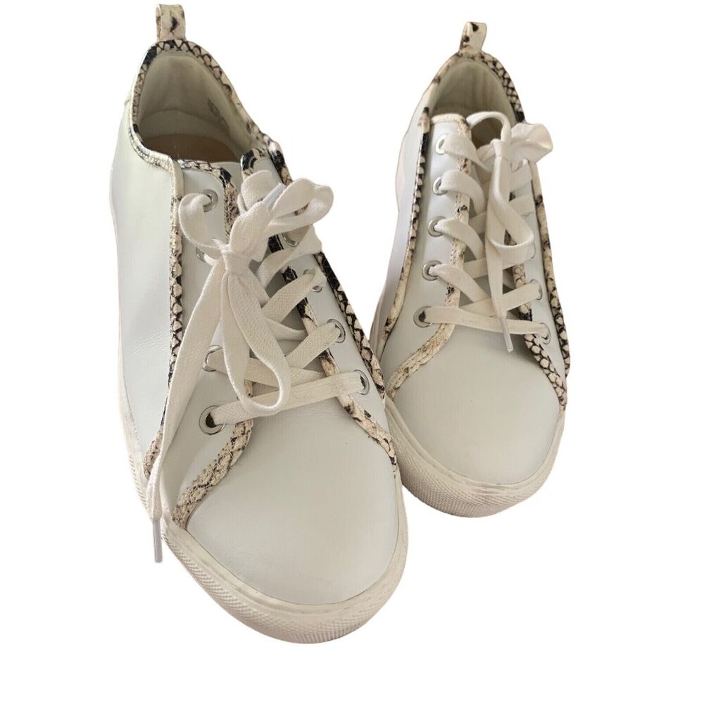 Ann Taylor Womens Sneakers Sz 9.5 White Leather Snakeskin Embossed Trim Modern